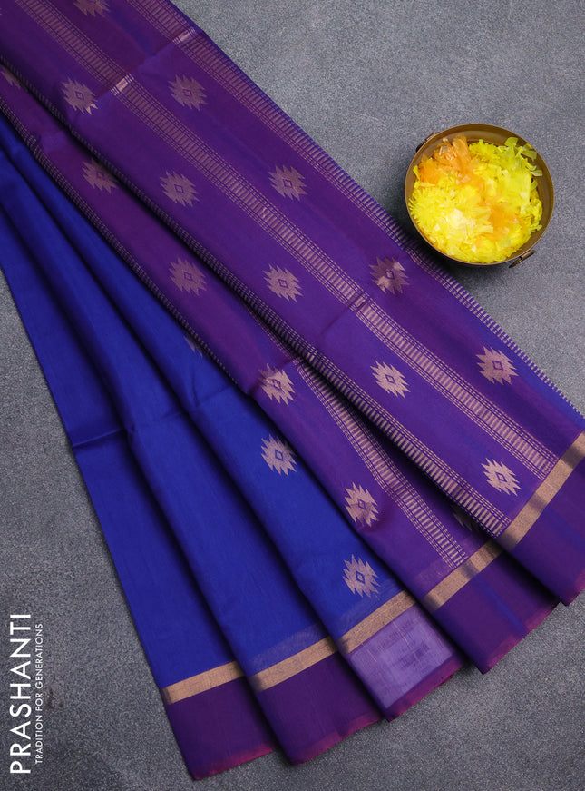 Kora silk cotton saree blue and purple with zari woven buttas and zari woven simple border