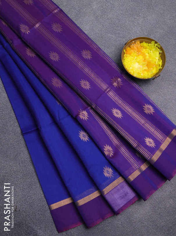 Kora silk cotton saree blue and purple with zari woven buttas and zari woven simple border
