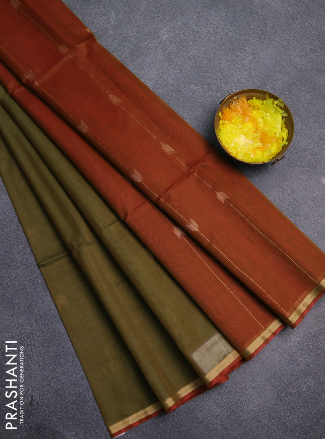 Kora silk cotton saree mehendi green and red with zari woven buttas and small zari woven border