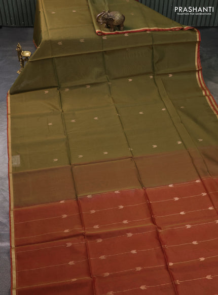 Kora silk cotton saree mehendi green and red with zari woven buttas and small zari woven border