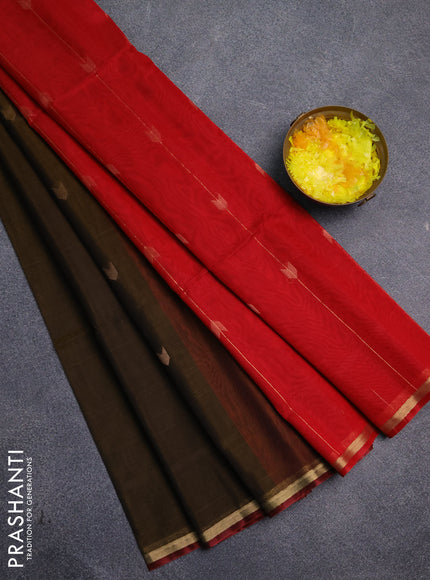 Kora silk cotton saree mehendi green and red with zari woven buttas and small zari woven border