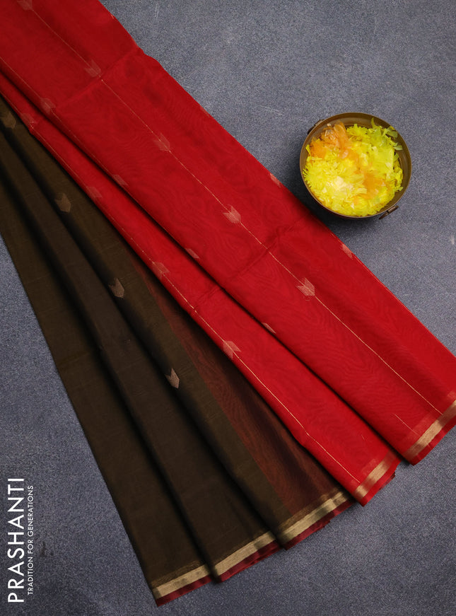 Kora silk cotton saree mehendi green and red with zari woven buttas and small zari woven border