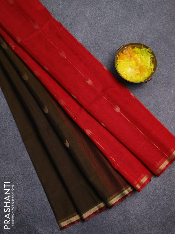 Kora silk cotton saree mehendi green and red with zari woven buttas and small zari woven border