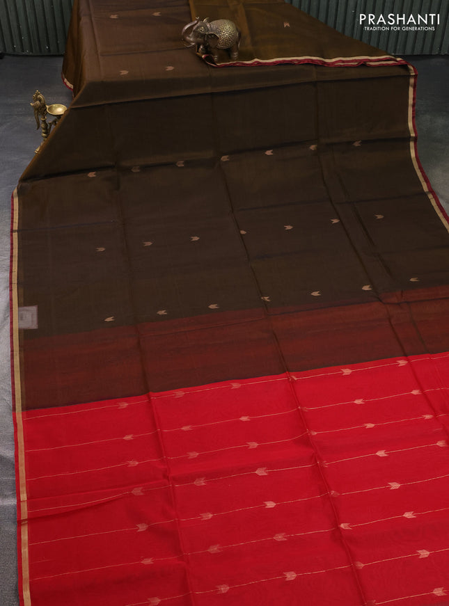 Kora silk cotton saree mehendi green and red with zari woven buttas and small zari woven border