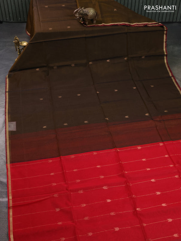 Kora silk cotton saree mehendi green and red with zari woven buttas and small zari woven border