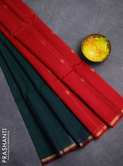 Kora silk cotton saree bottle green and red with zari woven buttas and small zari woven border