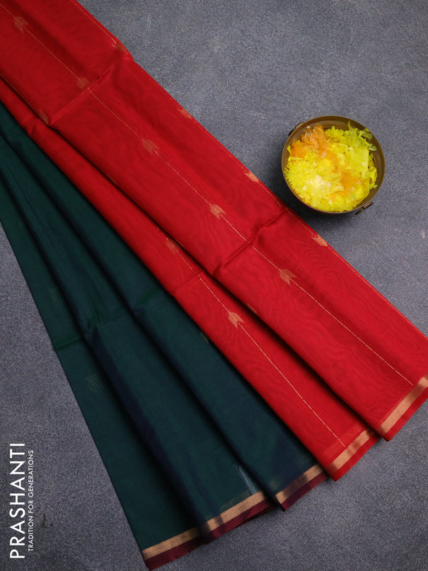 Kora silk cotton saree bottle green and red with zari woven buttas and small zari woven border
