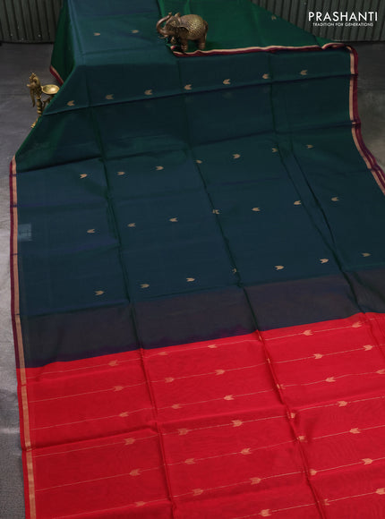 Kora silk cotton saree bottle green and red with zari woven buttas and small zari woven border