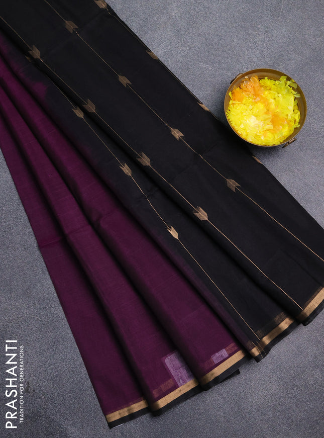 Kora silk cotton saree purple and black with zari woven buttas and small zari woven border