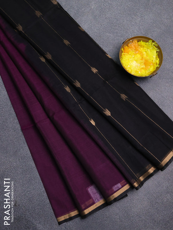 Kora silk cotton saree purple and black with zari woven buttas and small zari woven border