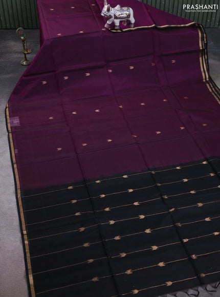 Kora silk cotton saree purple and black with zari woven buttas and small zari woven border