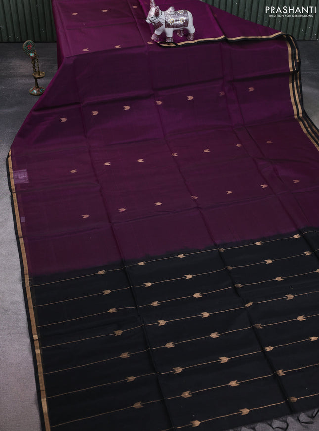 Kora silk cotton saree purple and black with zari woven buttas and small zari woven border