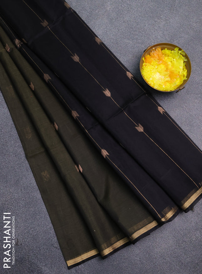 Kora silk cotton saree olive green and black with zari woven buttas and small zari woven border