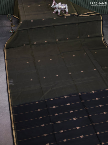 Kora silk cotton saree olive green and black with zari woven buttas and small zari woven border