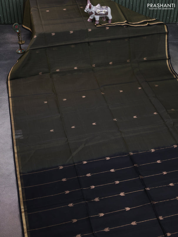 Kora silk cotton saree olive green and black with zari woven buttas and small zari woven border