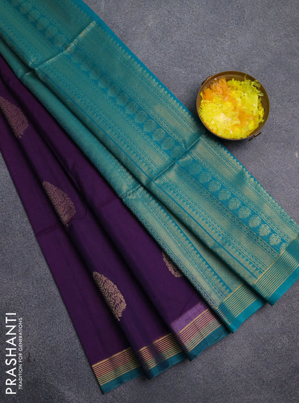 Kora silk cotton saree purple and teal green with zari woven buttas and zari woven simple border