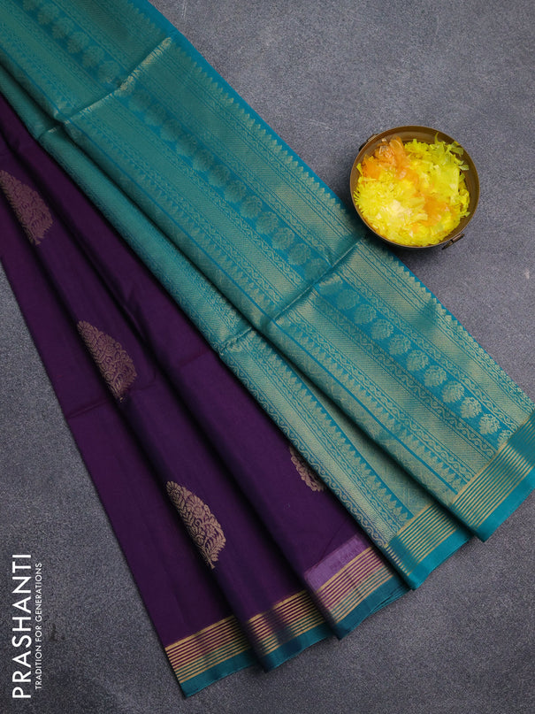 Kora silk cotton saree purple and teal green with zari woven buttas and zari woven simple border