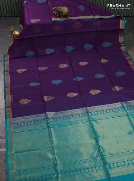 Kora silk cotton saree purple and teal green with zari woven buttas and zari woven simple border