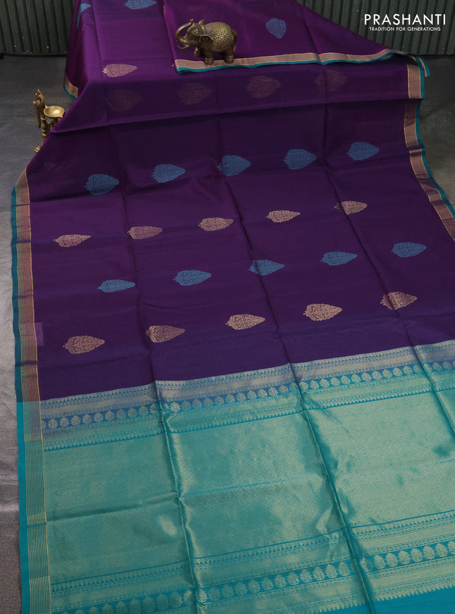 Kora silk cotton saree purple and teal green with zari woven buttas and zari woven simple border