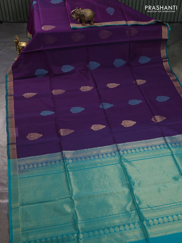 Kora silk cotton saree purple and teal green with zari woven buttas and zari woven simple border