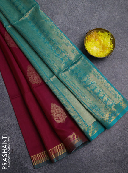 Kora silk cotton saree magenta pink and teal green with zari woven buttas and zari woven simple border