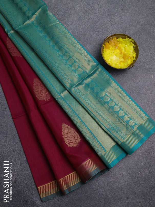 Kora silk cotton saree magenta pink and teal green with zari woven buttas and zari woven simple border
