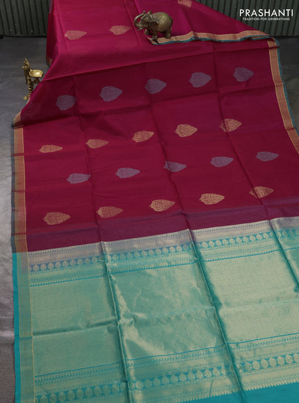 Kora silk cotton saree magenta pink and teal green with zari woven buttas and zari woven simple border
