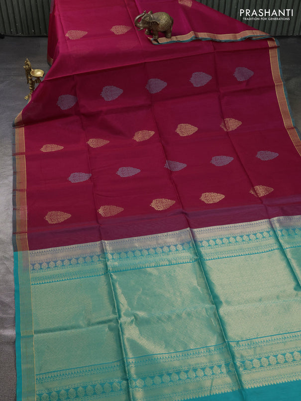Kora silk cotton saree magenta pink and teal green with zari woven buttas and zari woven simple border