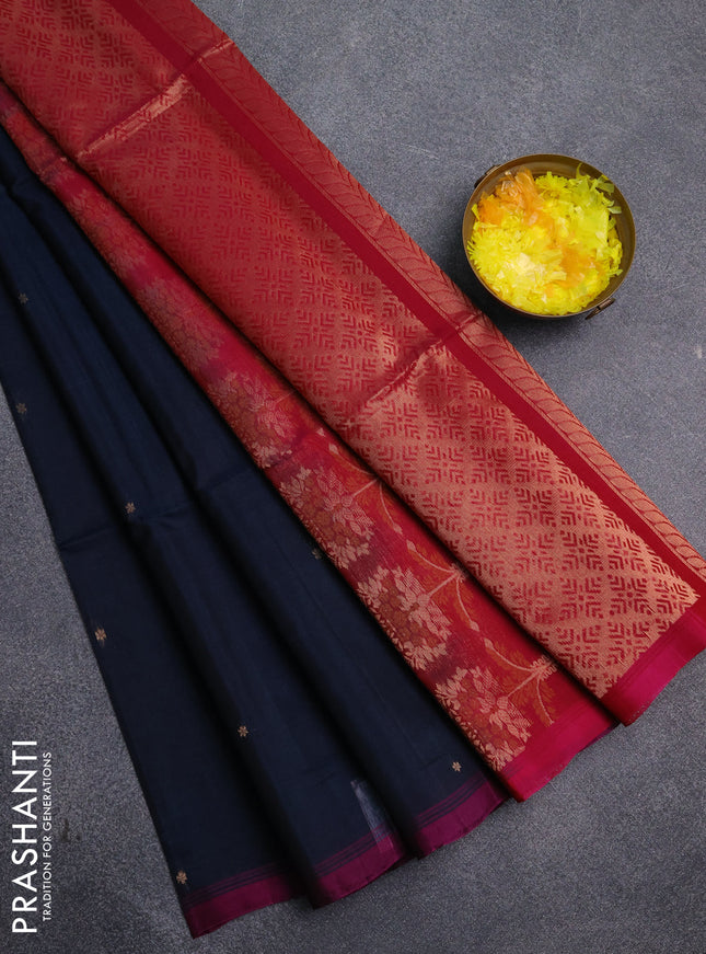 Kora silk cotton saree peacock blue and magenta pink with zari woven buttas and simple border