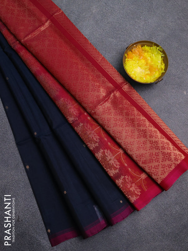 Kora silk cotton saree peacock blue and magenta pink with zari woven buttas and simple border