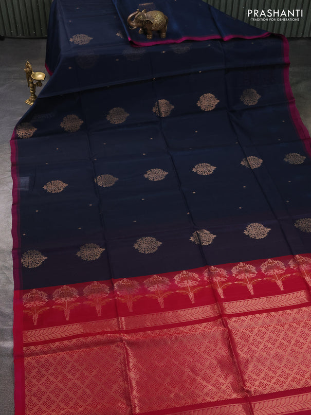 Kora silk cotton saree peacock blue and magenta pink with zari woven buttas and simple border