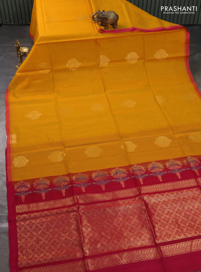 Kora silk cotton saree yellow and pink with zari woven buttas and simple border