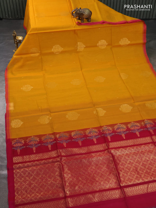 Kora silk cotton saree yellow and pink with zari woven buttas and simple border