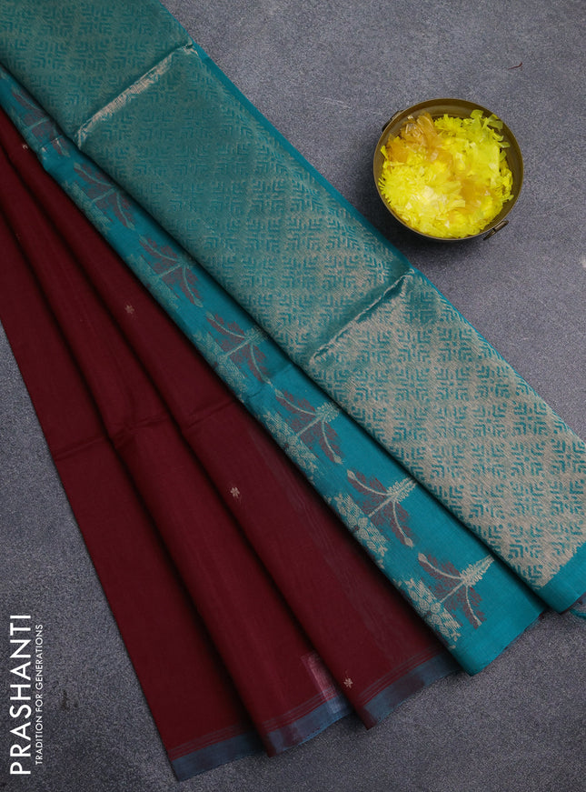 Kora silk cotton saree maroon and teal green with zari woven buttas and simple border