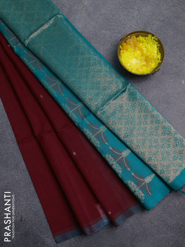 Kora silk cotton saree maroon and teal green with zari woven buttas and simple border