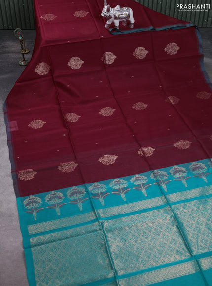 Kora silk cotton saree maroon and teal green with zari woven buttas and simple border