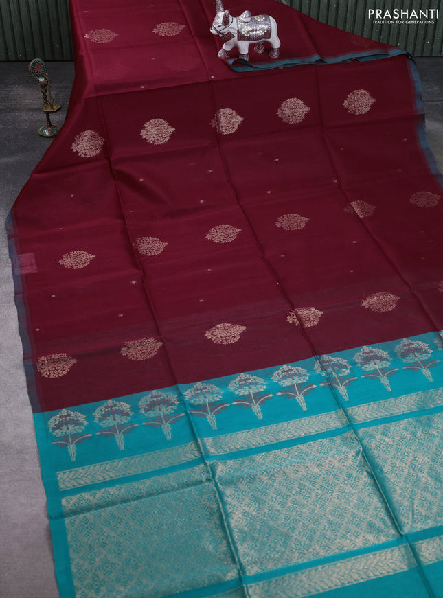 Kora silk cotton saree maroon and teal green with zari woven buttas and simple border