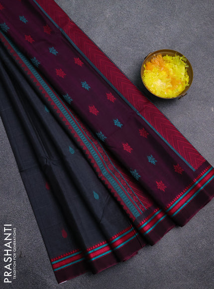 Kora silk cotton saree dark grey and magenta pink with allover thread woven buttas and thread woven border
