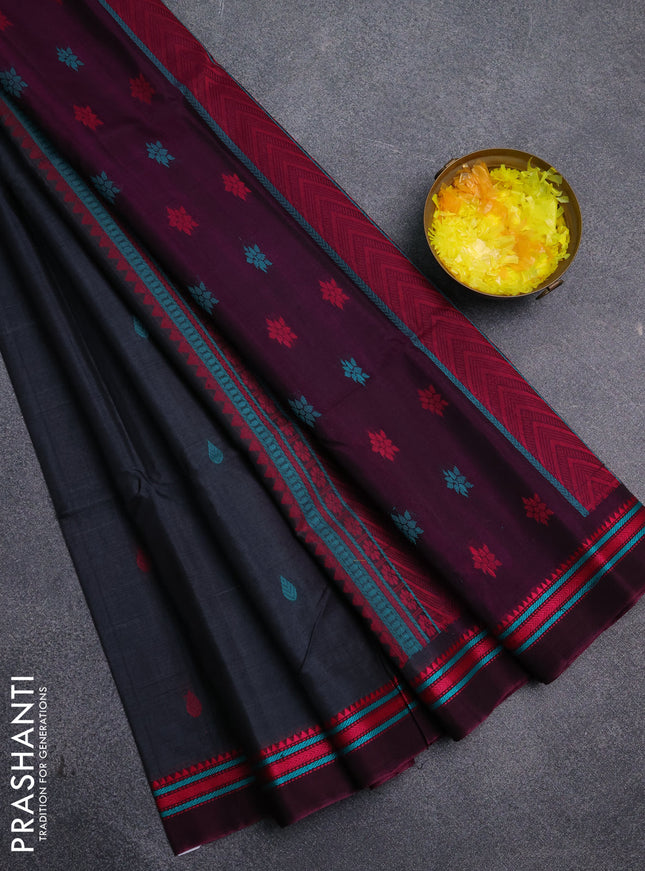 Kora silk cotton saree dark grey and magenta pink with allover thread woven buttas and thread woven border