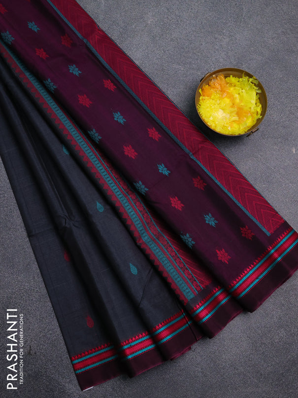 Kora silk cotton saree dark grey and magenta pink with allover thread woven buttas and thread woven border