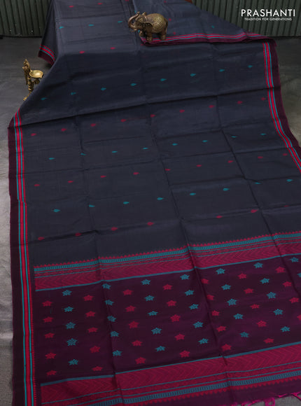 Kora silk cotton saree dark grey and magenta pink with allover thread woven buttas and thread woven border
