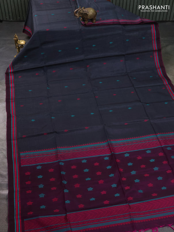 Kora silk cotton saree dark grey and magenta pink with allover thread woven buttas and thread woven border