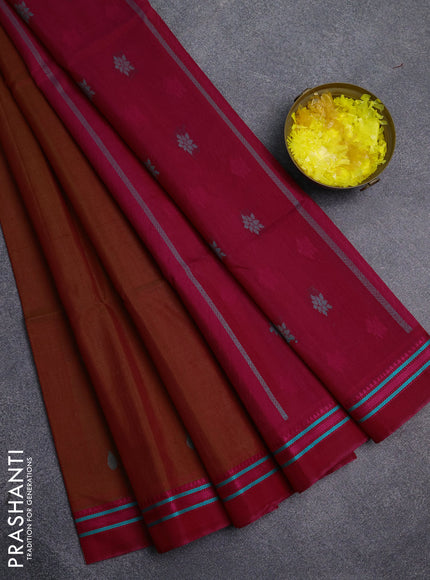 Kora silk cotton saree rust shade and pink with allover thread woven buttas and thread woven border