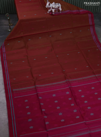 Kora silk cotton saree rust shade and pink with allover thread woven buttas and thread woven border