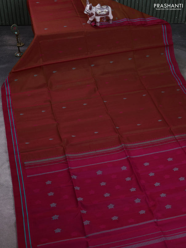 Kora silk cotton saree rust shade and pink with allover thread woven buttas and thread woven border