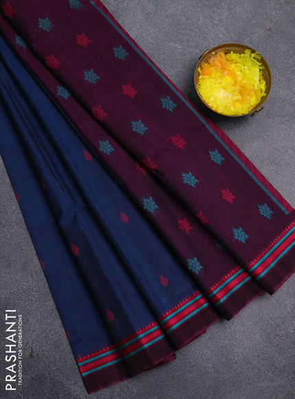 Kora silk cotton saree peacock blue and magenta pink with allover thread woven buttas and thread woven border