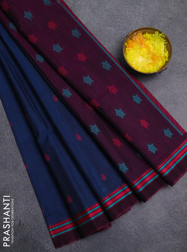 Kora silk cotton saree peacock blue and magenta pink with allover thread woven buttas and thread woven border