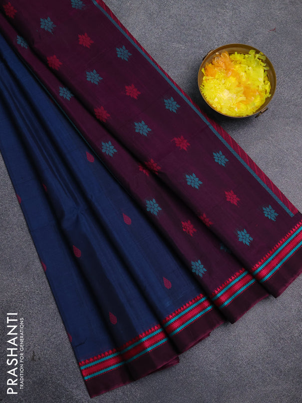 Kora silk cotton saree peacock blue and magenta pink with allover thread woven buttas and thread woven border