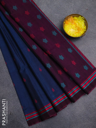 Kora silk cotton saree peacock blue and magenta pink with allover thread woven buttas and thread woven border