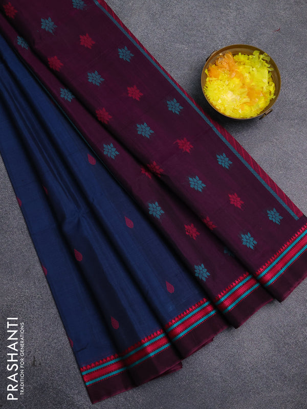 Kora silk cotton saree peacock blue and magenta pink with allover thread woven buttas and thread woven border